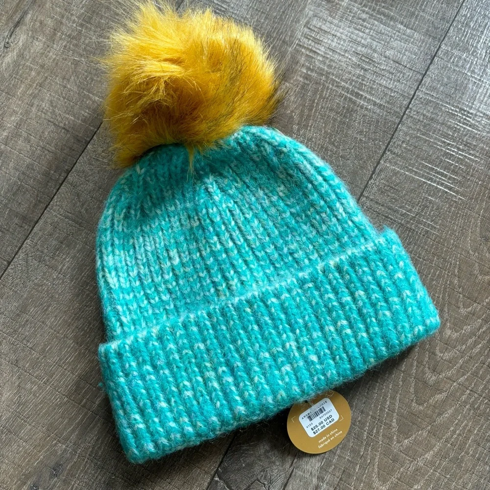 Anthropologie Youth Knit Hat with Faux Fur Pom Pom NEW